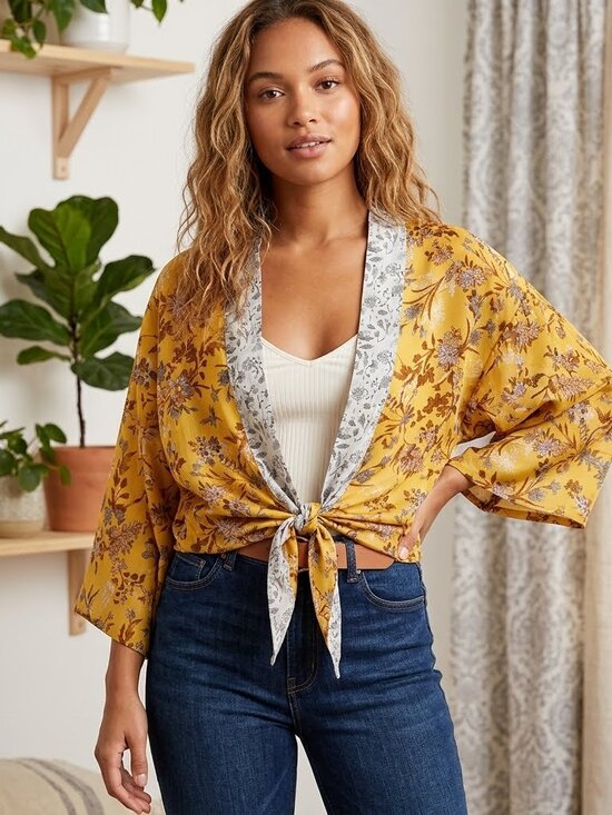 Japna Sweaters - Japna Mustard Yellow Floral Kimono Duster Cardigan S